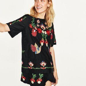 Zara Black floral and bird embroidered mini dress